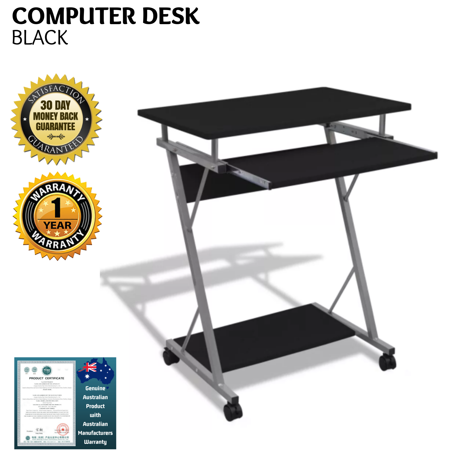 Details About Home Office Computer Desk Small Table W Wheels Slide Out Keyboard Tray Black