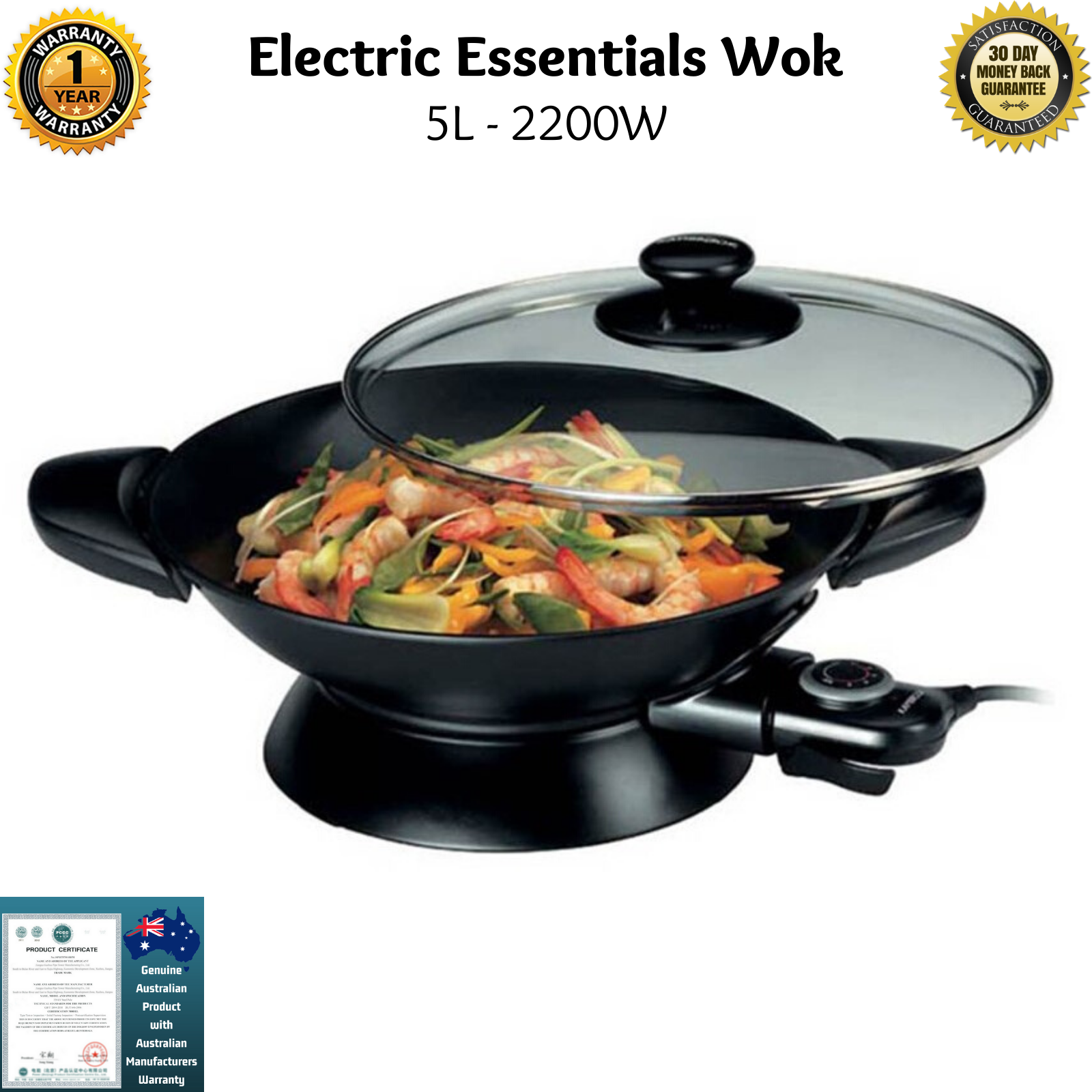 Kambrook 5L 2200W Large Electric Essentials Wok Stirfry NonStick