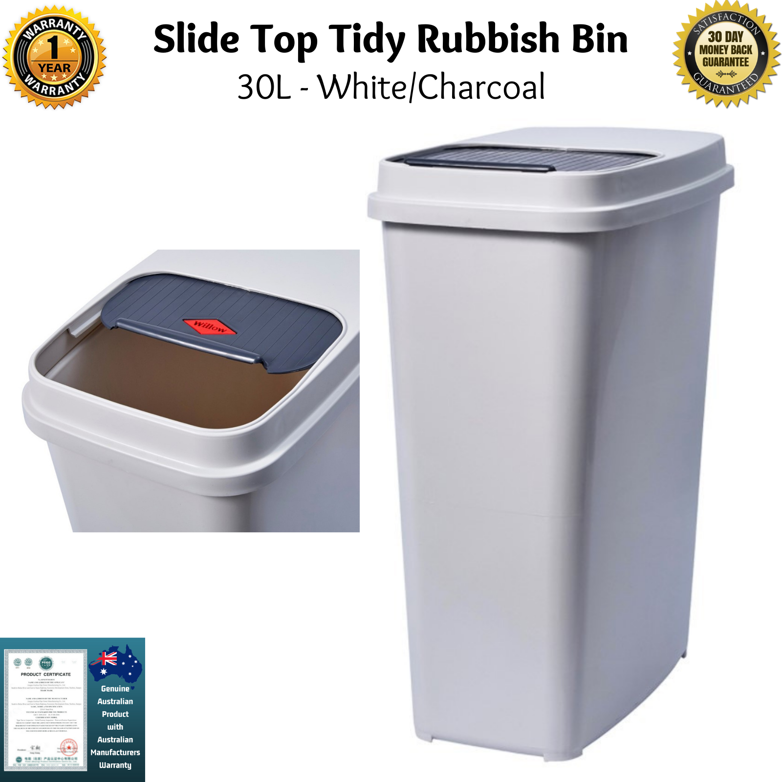 Slimline 30L Slide Top Lid Tidy Rubbish Bin Kitchen Bathroom Garbage