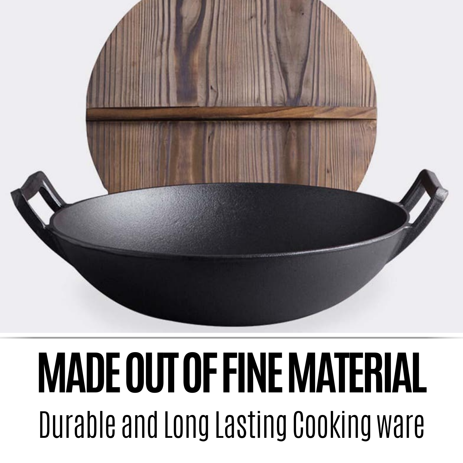 36cm Commercial Cast Iron Wok Fry Pan with Wooden Lid Portable Outdoor